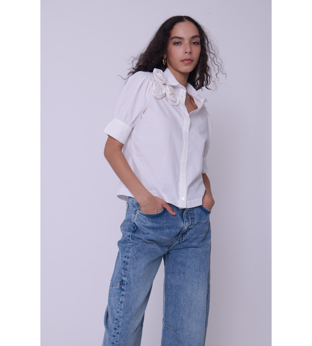 love the label rosemarie top white short sleeve button down flower accent top