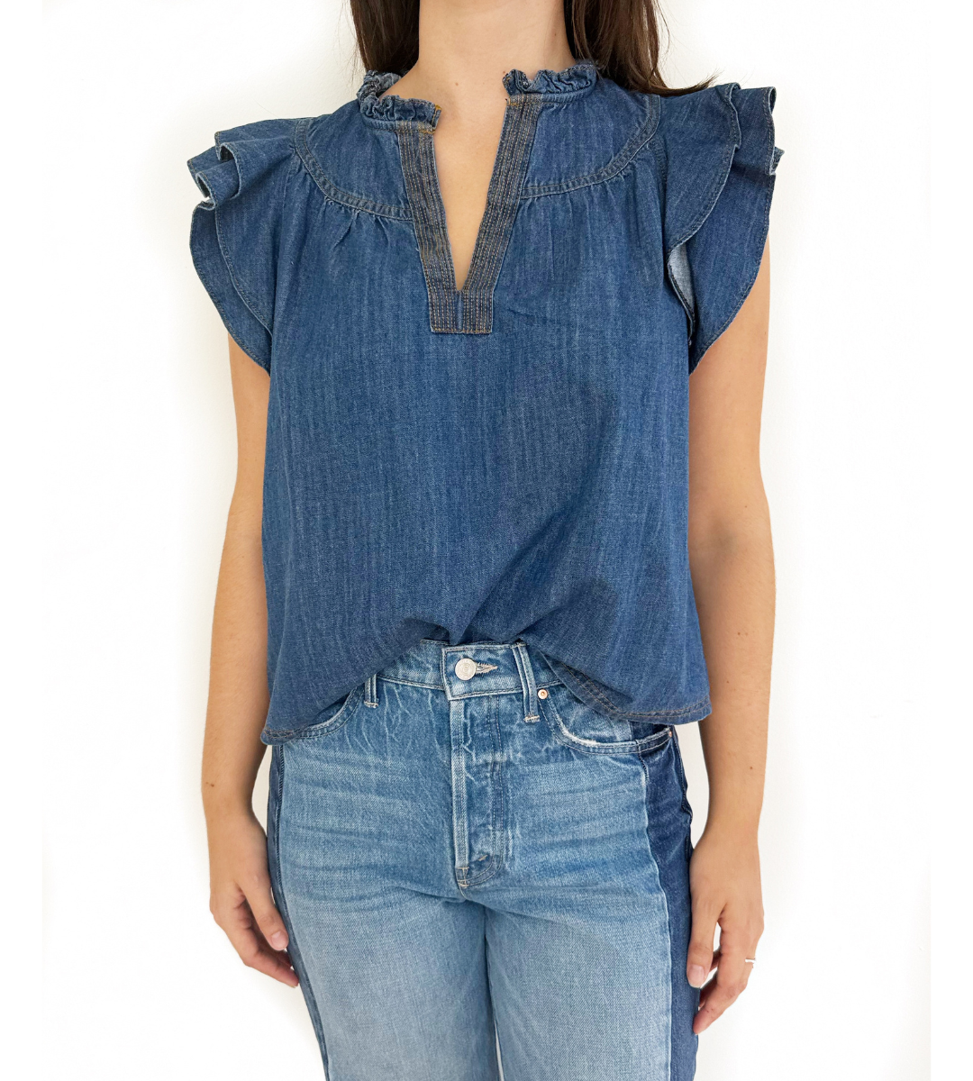 Denim top flutter sleeve v neck short sleeve top