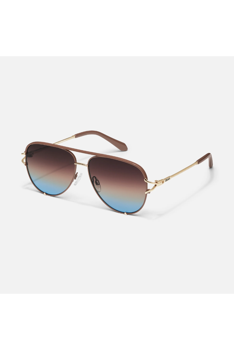 Aviator sunglasses with gradient lenses,. quay high key twist chocolate with brown blue lenses.