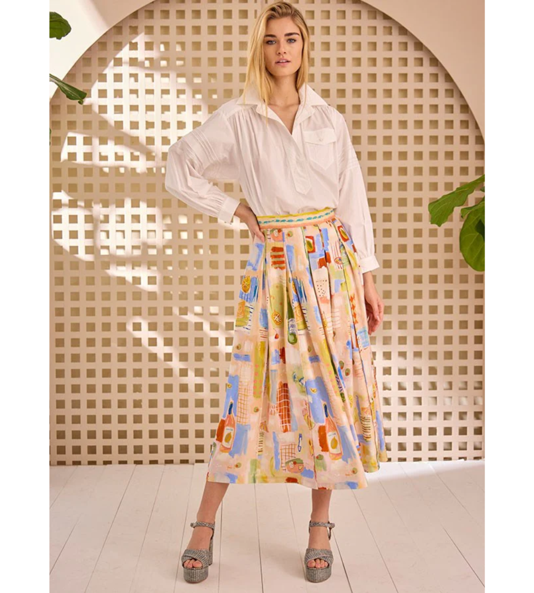hunter bell printed pleated alexis midi skirt olive oil wine olives