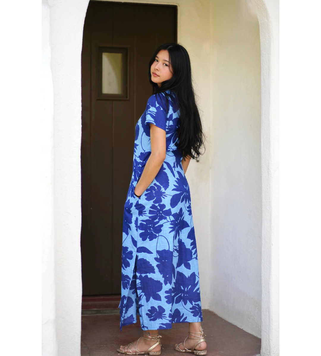 short sleeve linen midi dress abstract print blue and navy blue tie waist belt