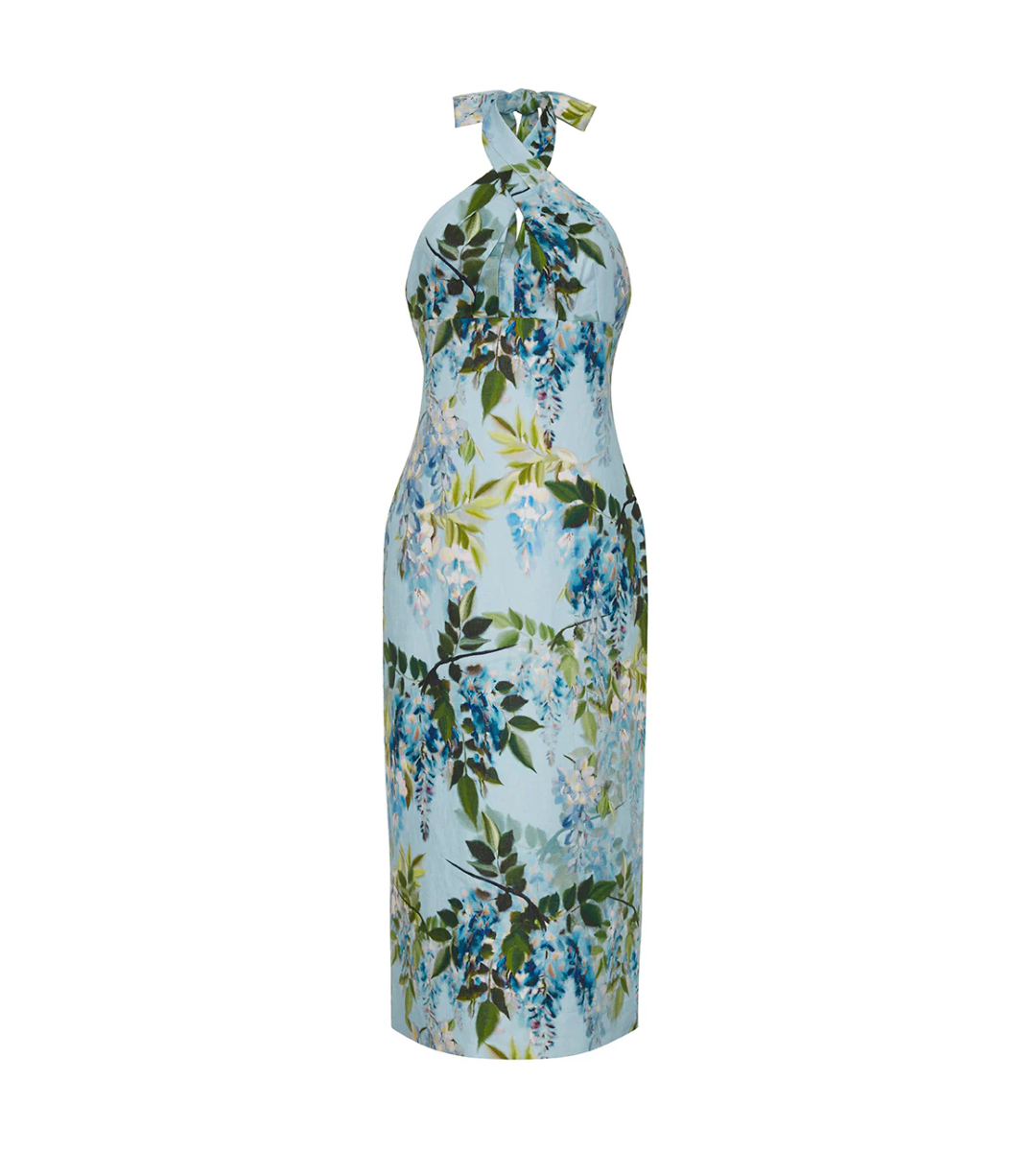 cara cara perla midi dress blue floral halterneck