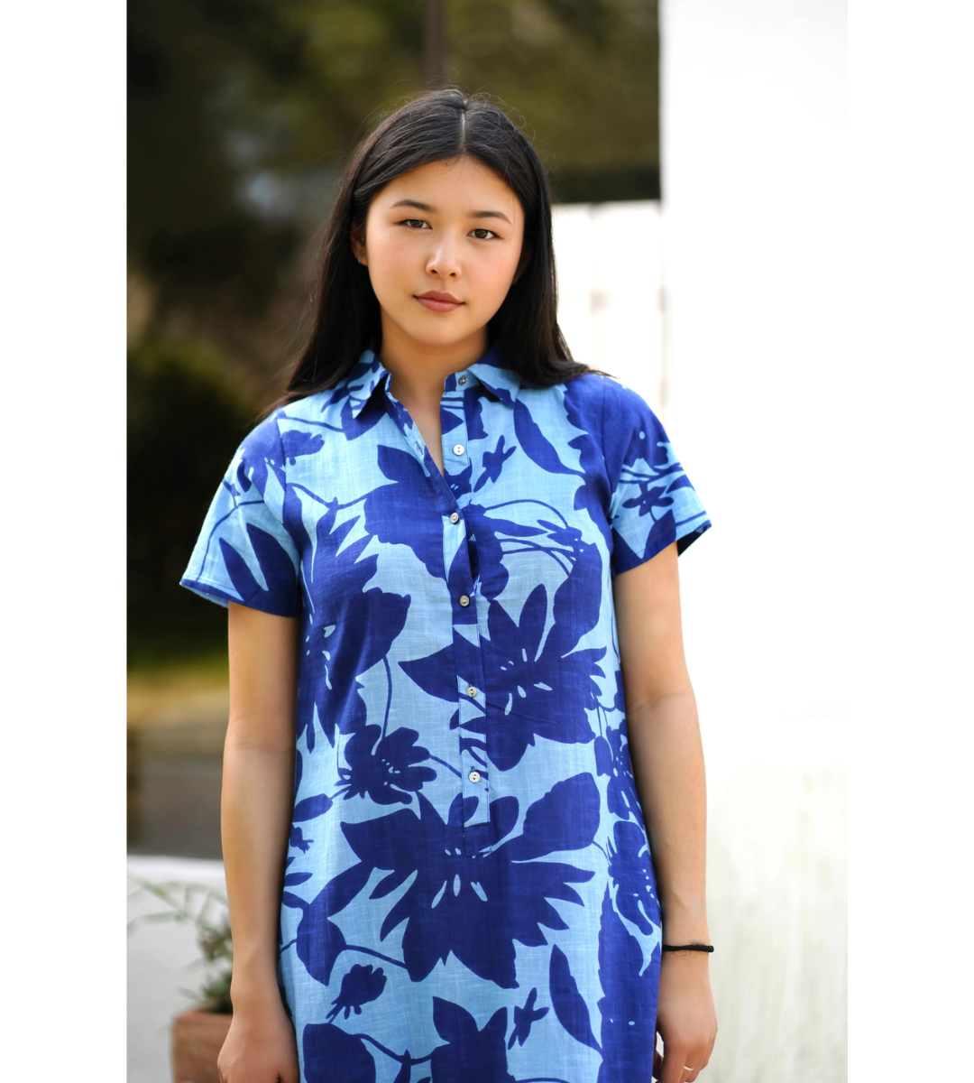 short sleeve linen midi dress abstract print blue and navy blue tie waist belt