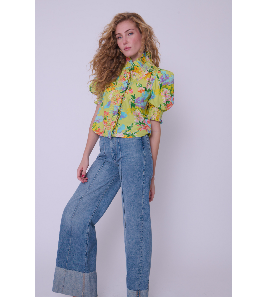 love the label Zuri top short sleeve puff sleeve floral green print top