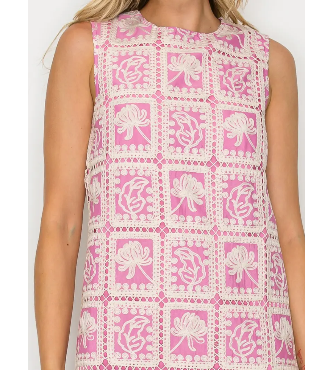 a-line tie back open back sleeveless mini dress white pink embroidered crochet