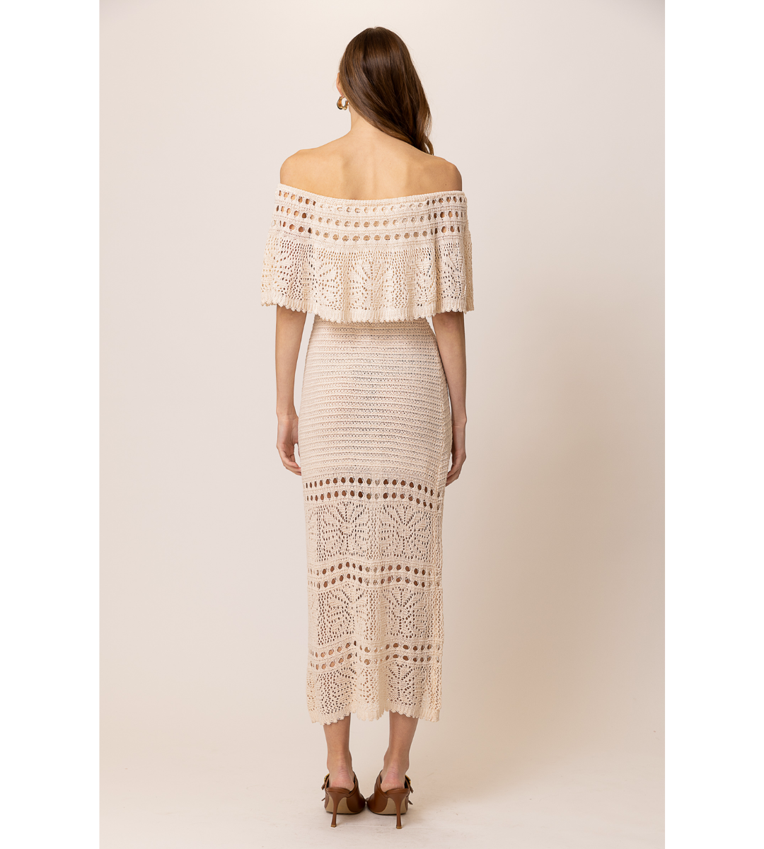 line and dot Wilda dress off the shoulder knit crochet tie waist midi dress
