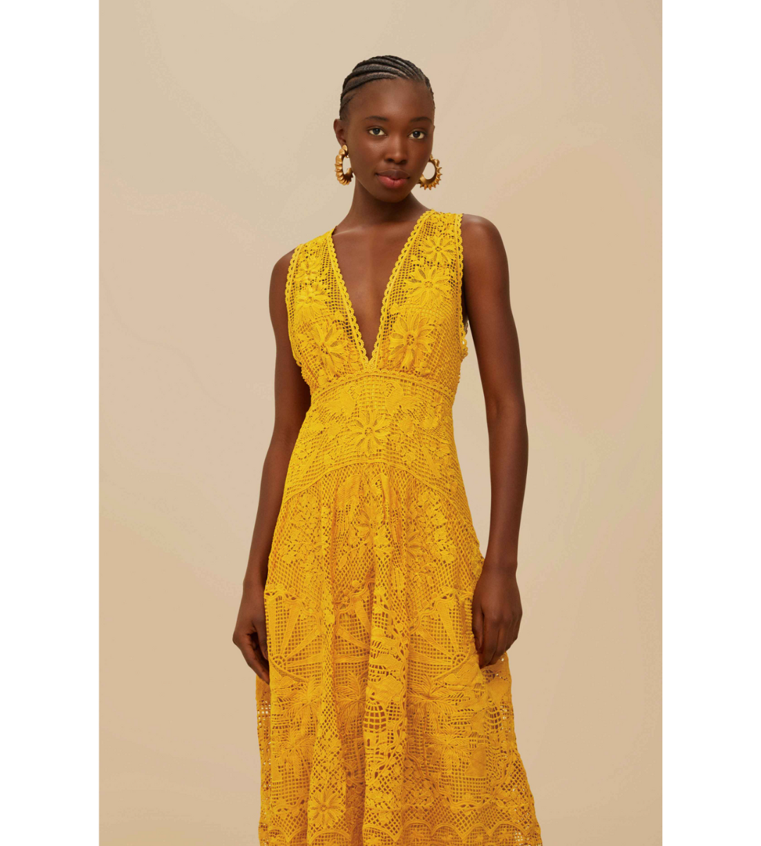 farm rio mustard yellow landscape dress v-neck midi lace