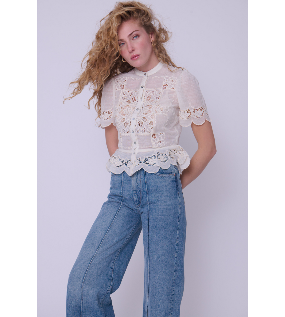 love the label Elizabeth top short sleeve eyelet white top