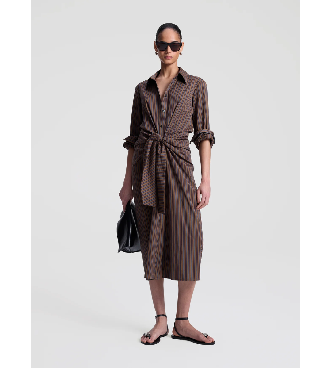 Brown striped long sleeve midi poplin dress tie waist, A.L.C. Mila Dress Brown Multi
