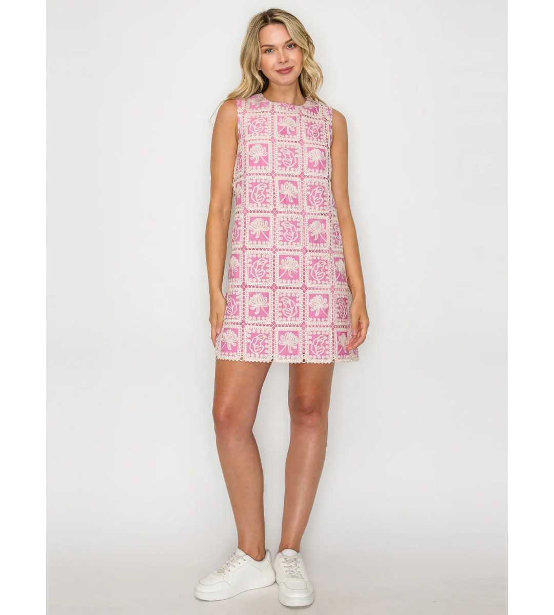 a-line tie back open back sleeveless mini dress white pink embroidered crochet