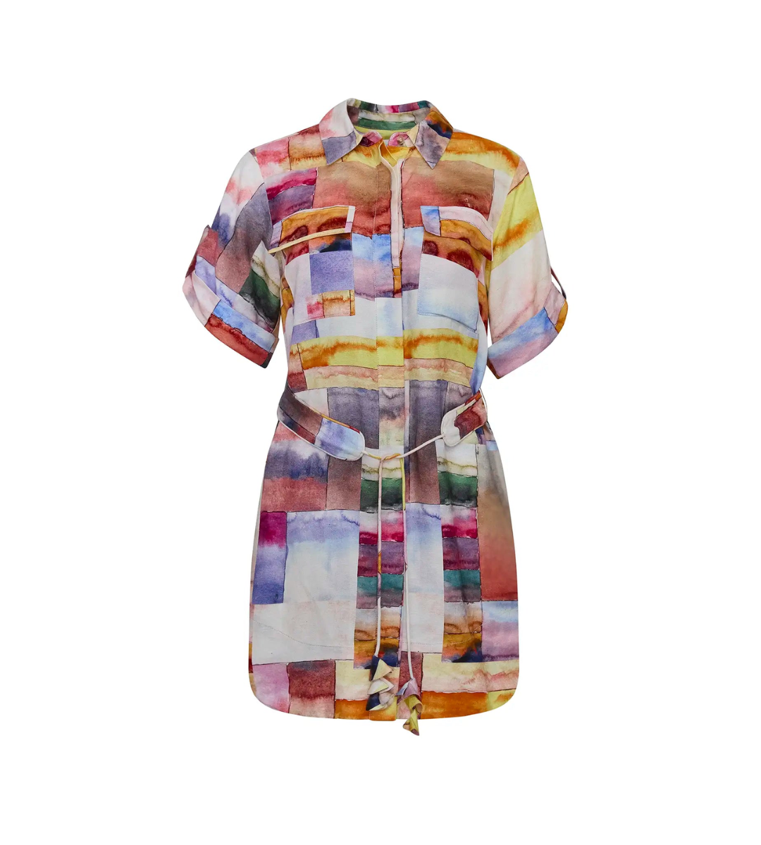 hunter bell Nicole dress watercolor tie waist collared neckline mini