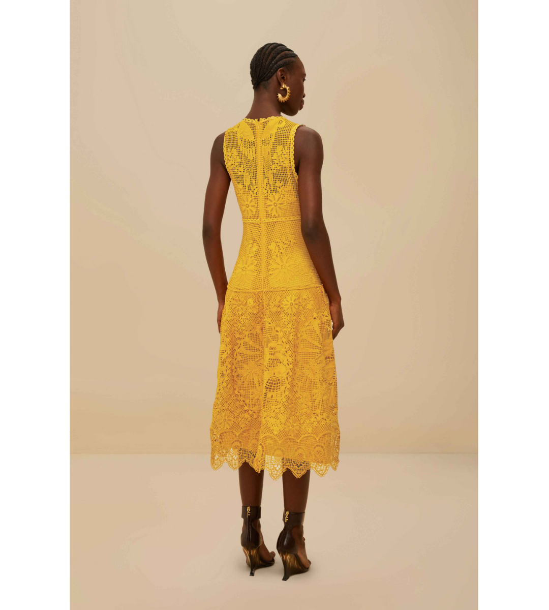 farm rio mustard yellow landscape dress v-neck midi lace