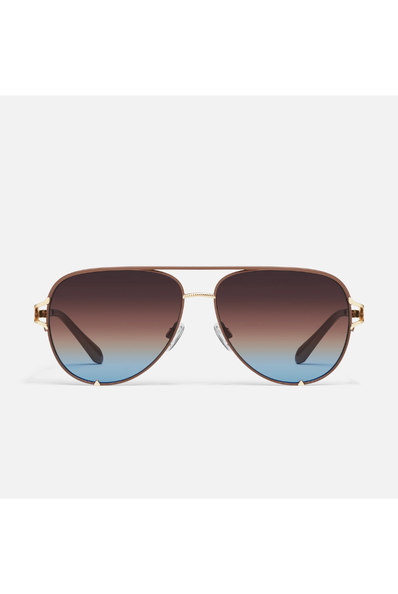 Aviator sunglasses with gradient lenses,. quay high key twist chocolate with brown blue lenses.