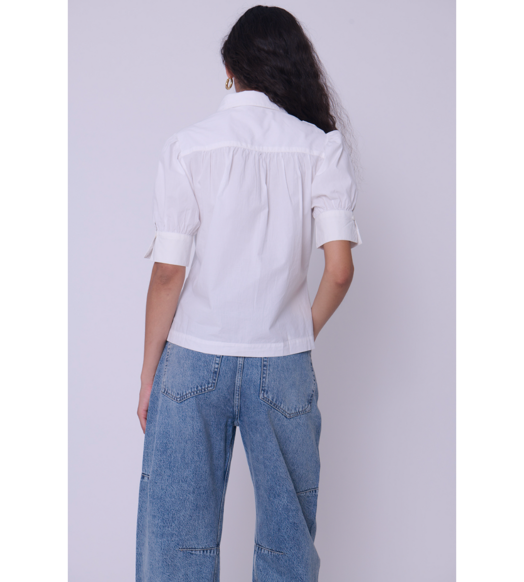 love the label rosemarie top white short sleeve button down flower accent top