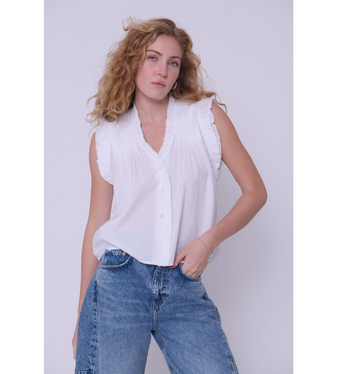 love the label dana top sleeveless white ruffle sleeve v neck button down top