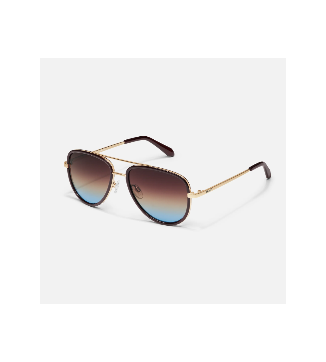 quay all in medium chocolate and brown and blue lenses, gradient sunglasses aviator