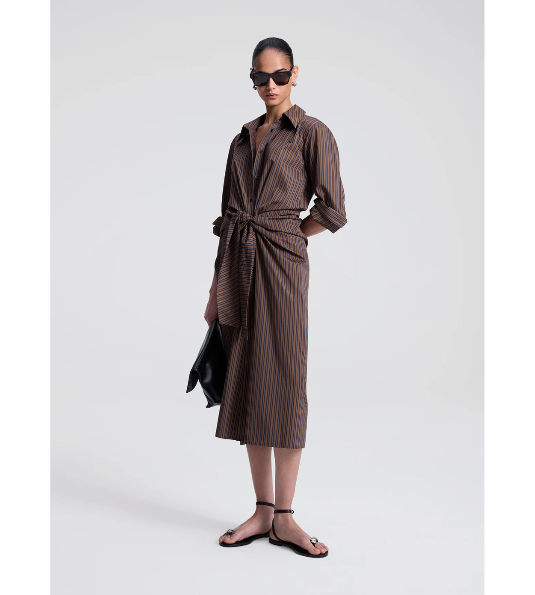 Brown striped long sleeve midi poplin dress tie waist, A.L.C. Mila Dress Brown Multi