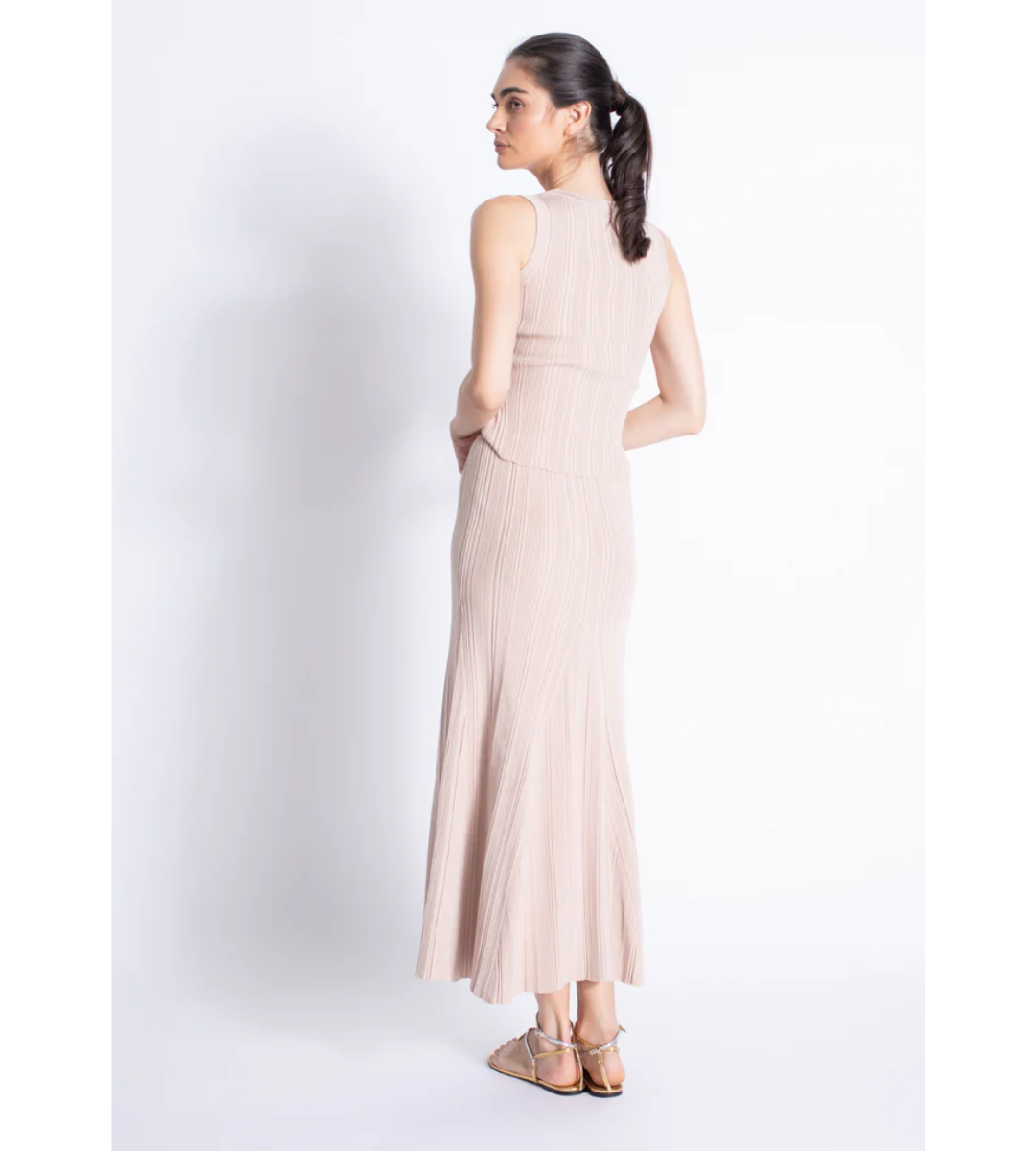 blush beige blossom knit set scoop neck skirt top karina grimaldi