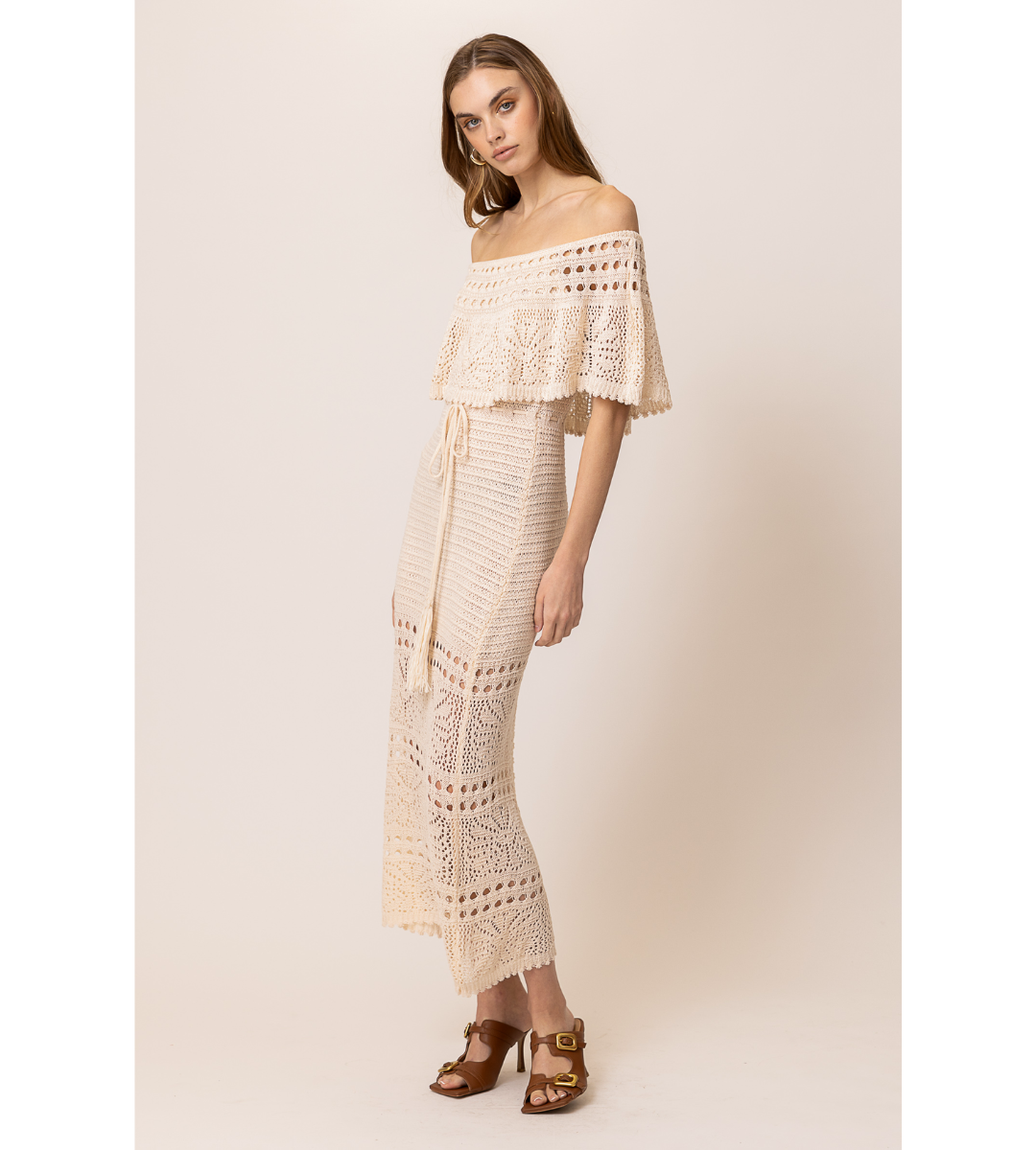line and dot Wilda dress off the shoulder knit crochet tie waist midi dress
