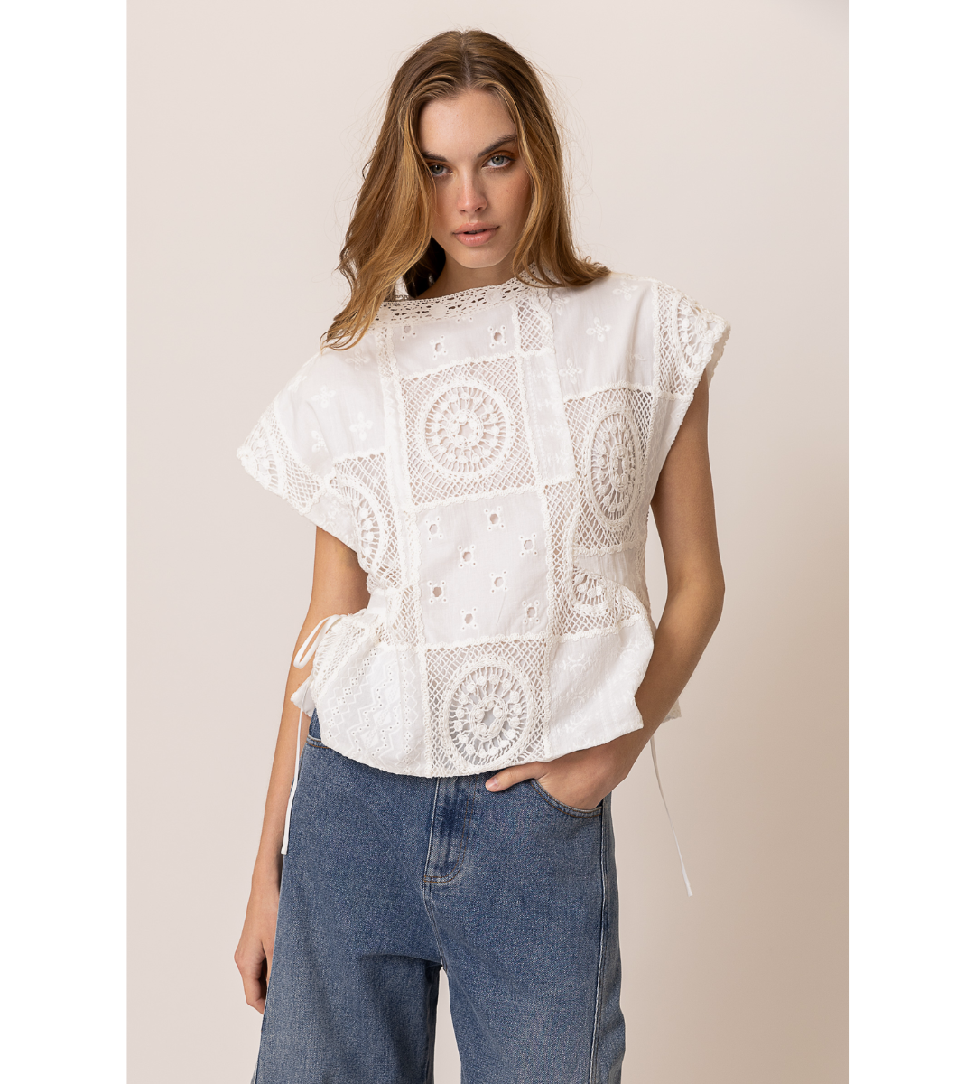tunic top white eyelet short sleeve tie sides top