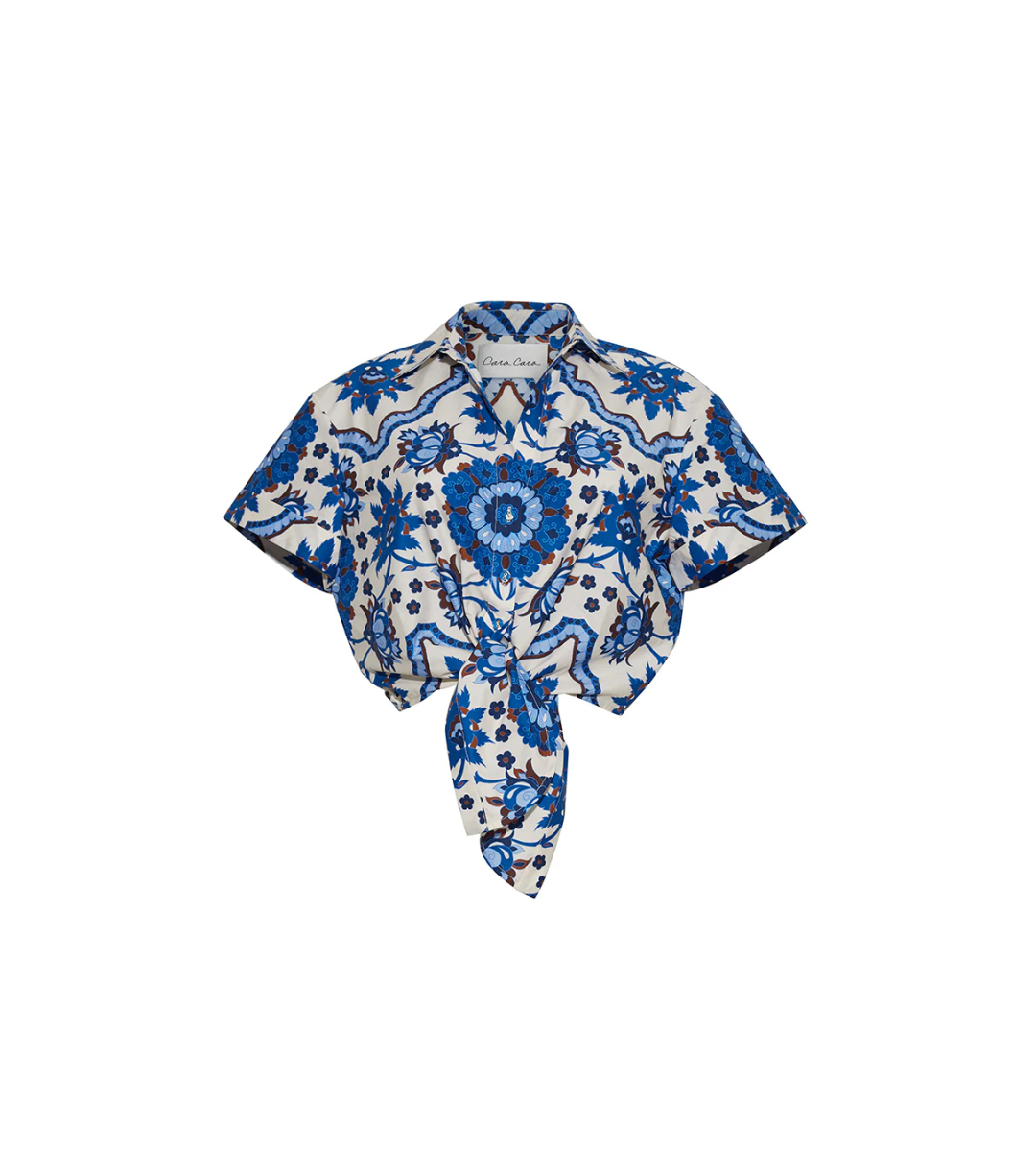 tie front blue and white coral print crop top short sleeve collared top