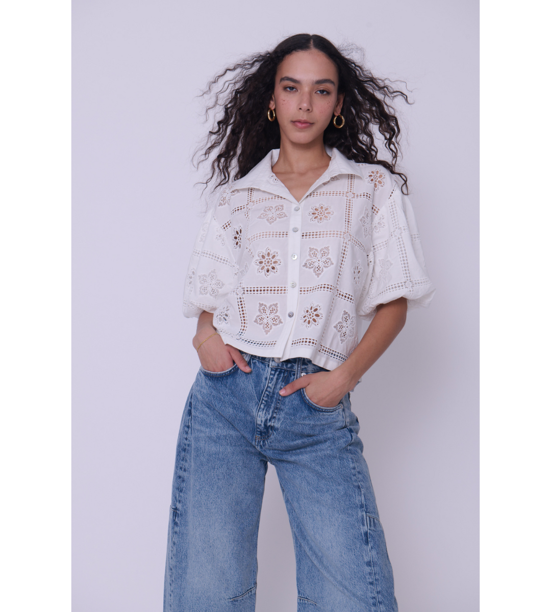 love the label cassia top white eyelet short sleeve crop top collared button down top