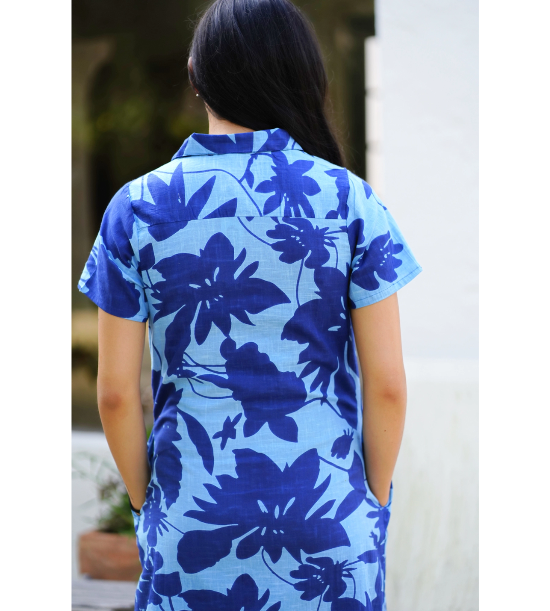 short sleeve linen midi dress abstract print blue and navy blue tie waist belt