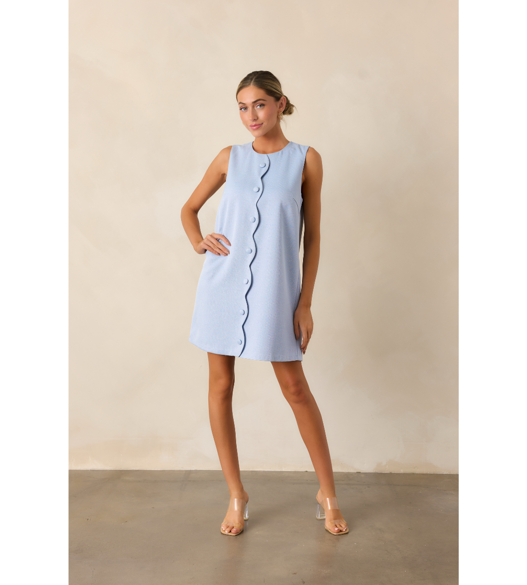 blue mini dress scallop sleeveless button