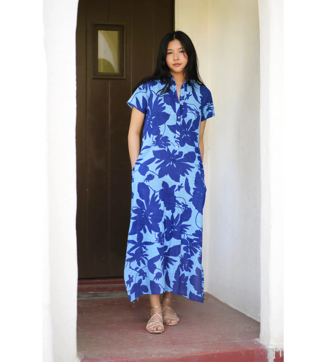 short sleeve linen midi dress abstract print blue and navy blue tie waist belt