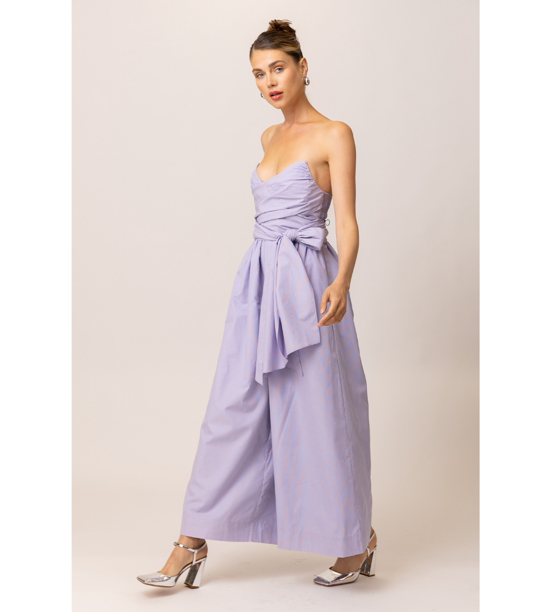 line and dot striped maxin jumpsuit tie waist blue coral