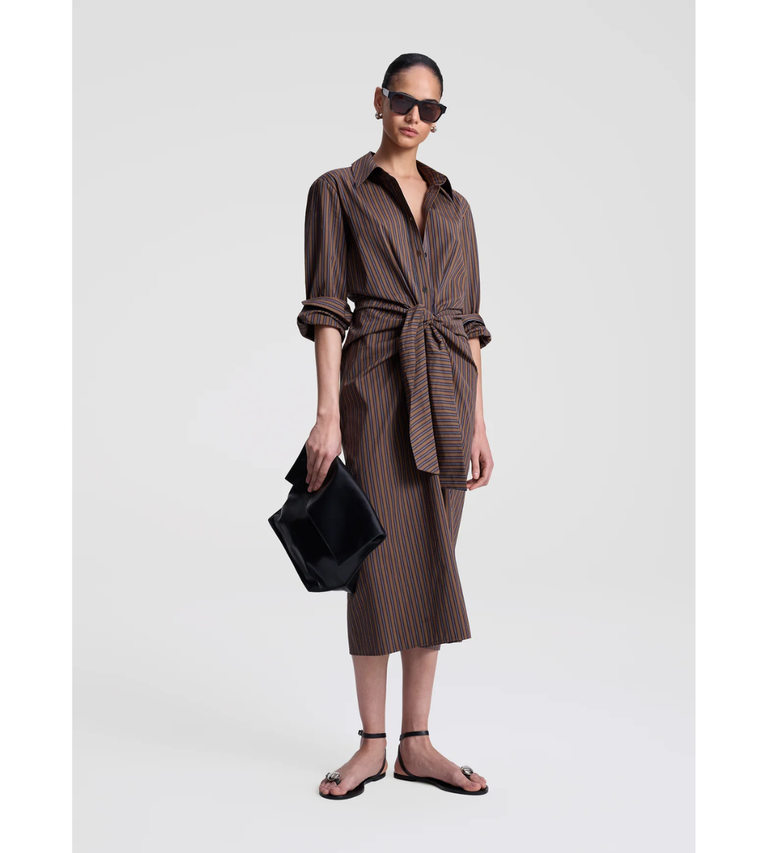 Brown striped long sleeve midi poplin dress tie waist, A.L.C. Mila Dress Brown Multi
