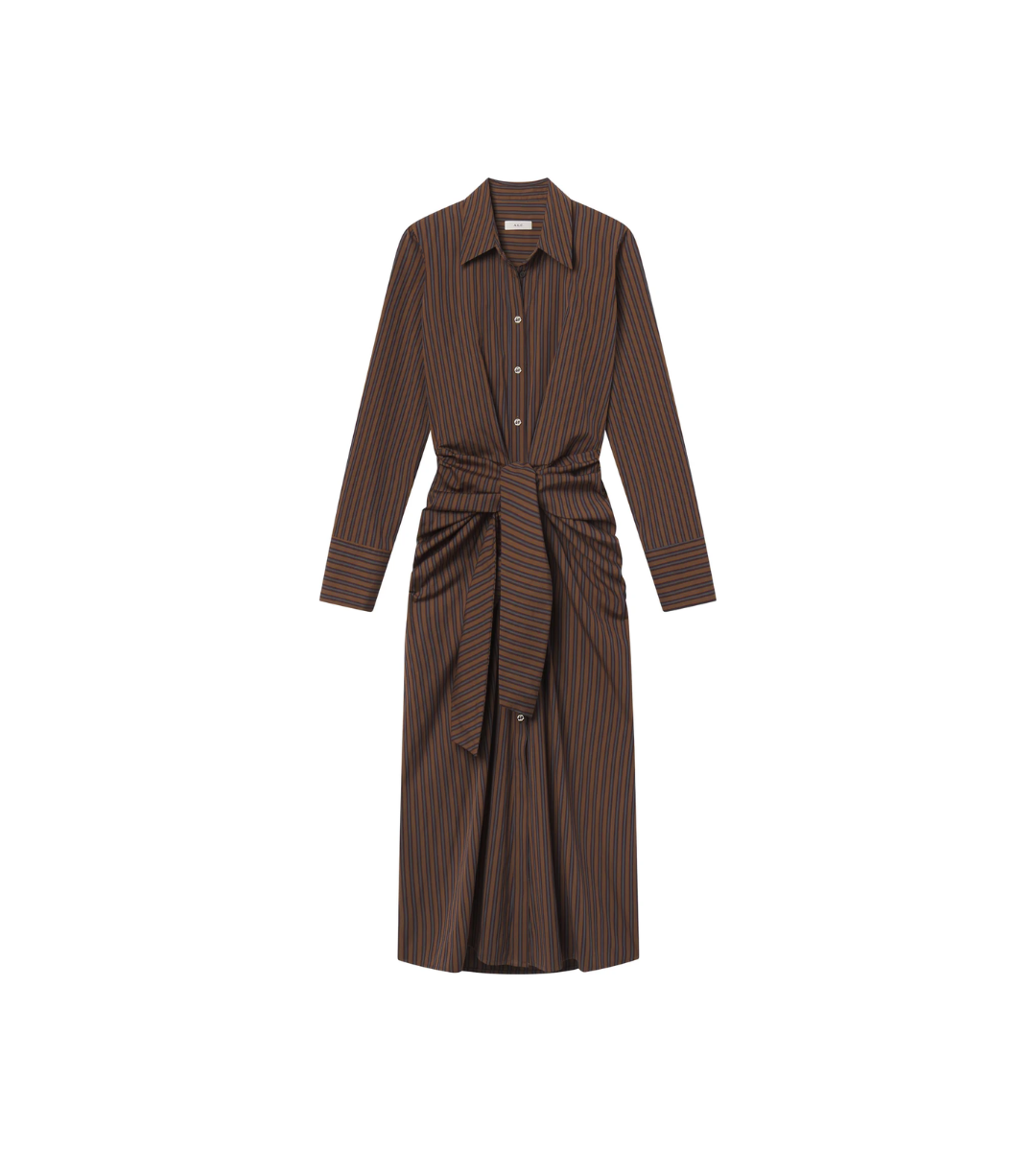 Brown striped long sleeve midi poplin dress tie waist, A.L.C. Mila Dress Brown Multi
