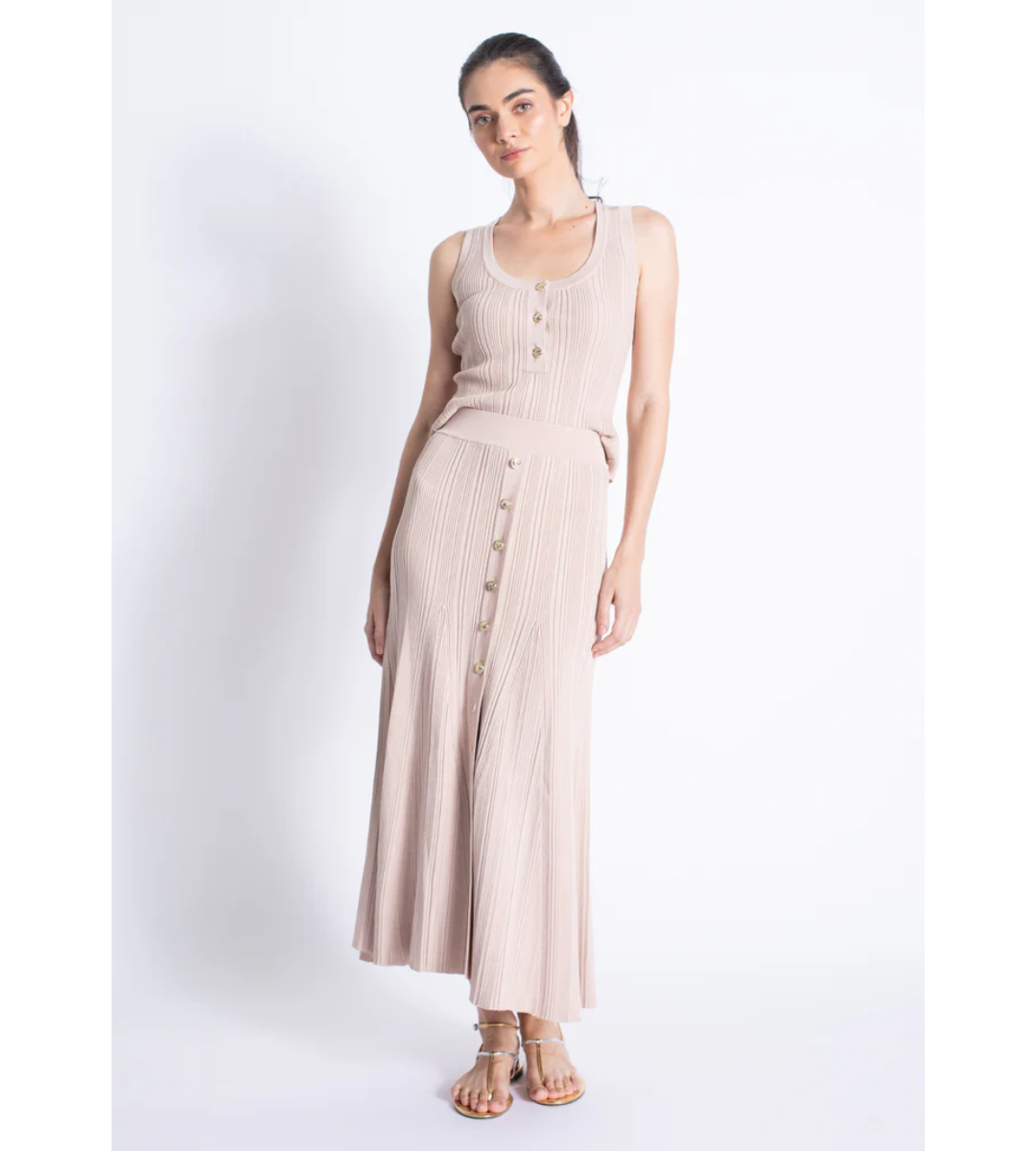 blush beige blossom knit set scoop neck skirt top karina grimaldi