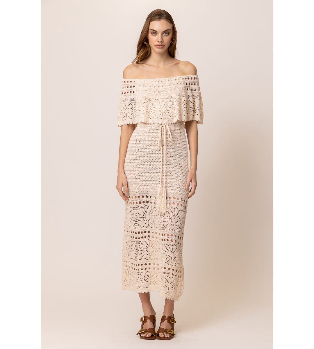 line and dot Wilda dress off the shoulder knit crochet tie waist midi dress