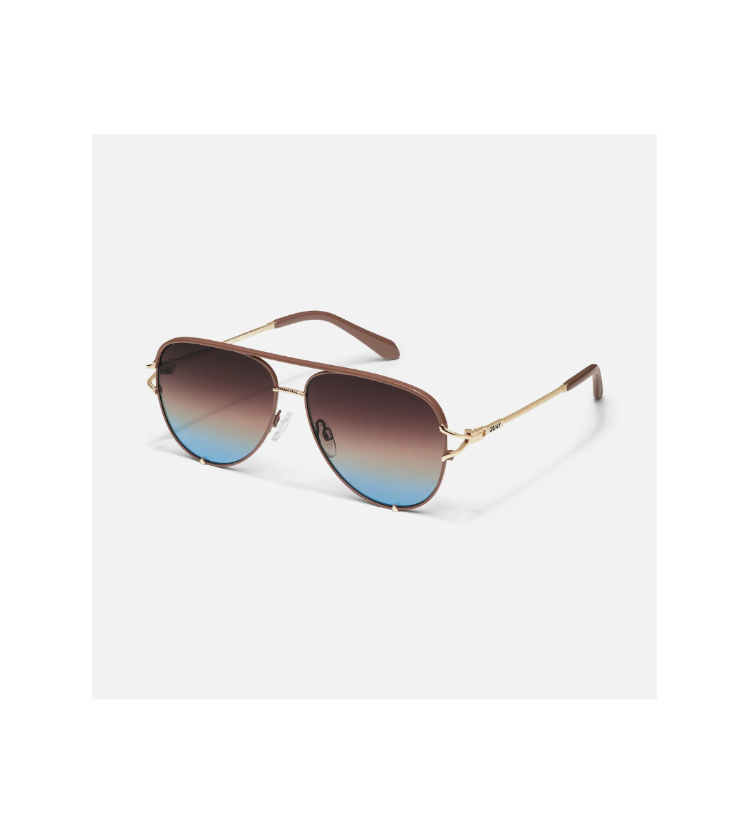 Aviator sunglasses with gradient lenses,. quay high key twist chocolate with brown blue lenses.