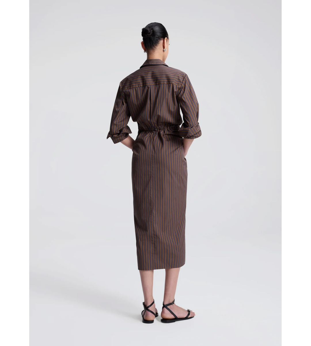 Brown striped long sleeve midi poplin dress tie waist, A.L.C. Mila Dress Brown Multi