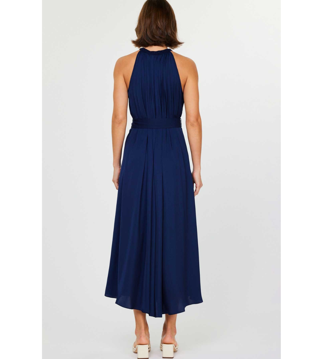 navy halter neck midi dress crochet trim current air tie waist