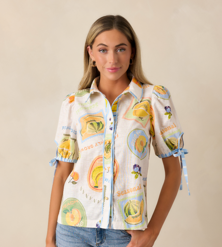 prosperina clementine top short sleeve puff sleeve button top tie sleeve