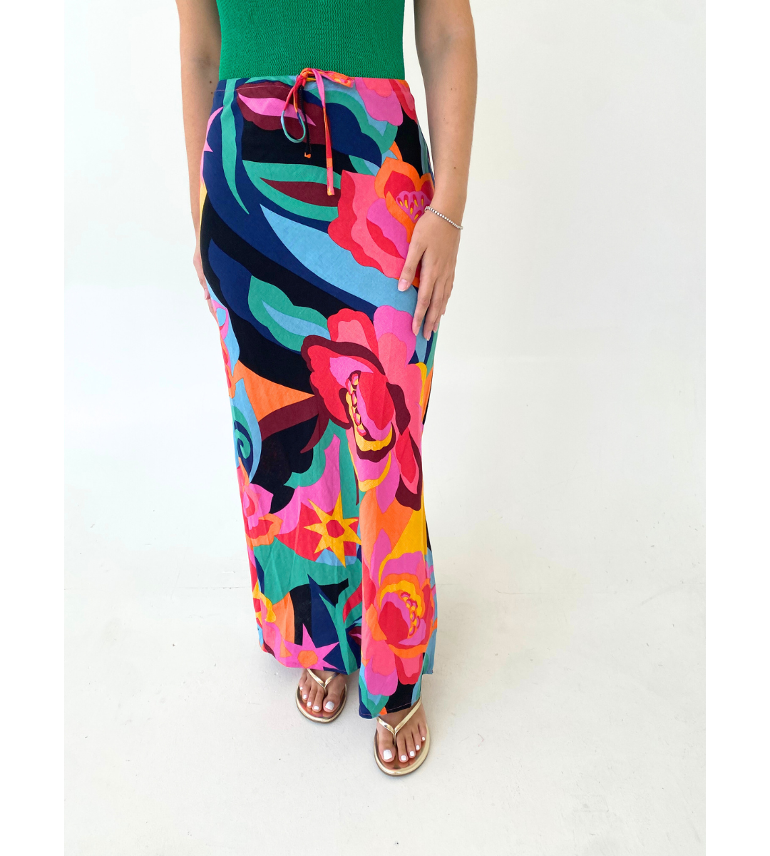 abstract print midi skirt tie waist drawstring skirt