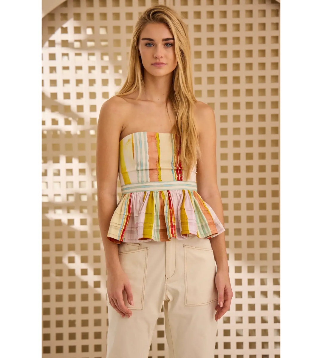 hunter bell vera top striped strapless peplum top