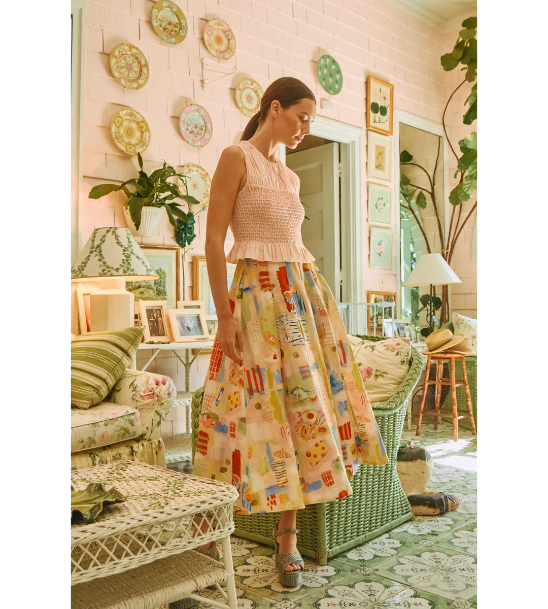 hunter bell printed pleated alexis midi skirt olive oil wine olives