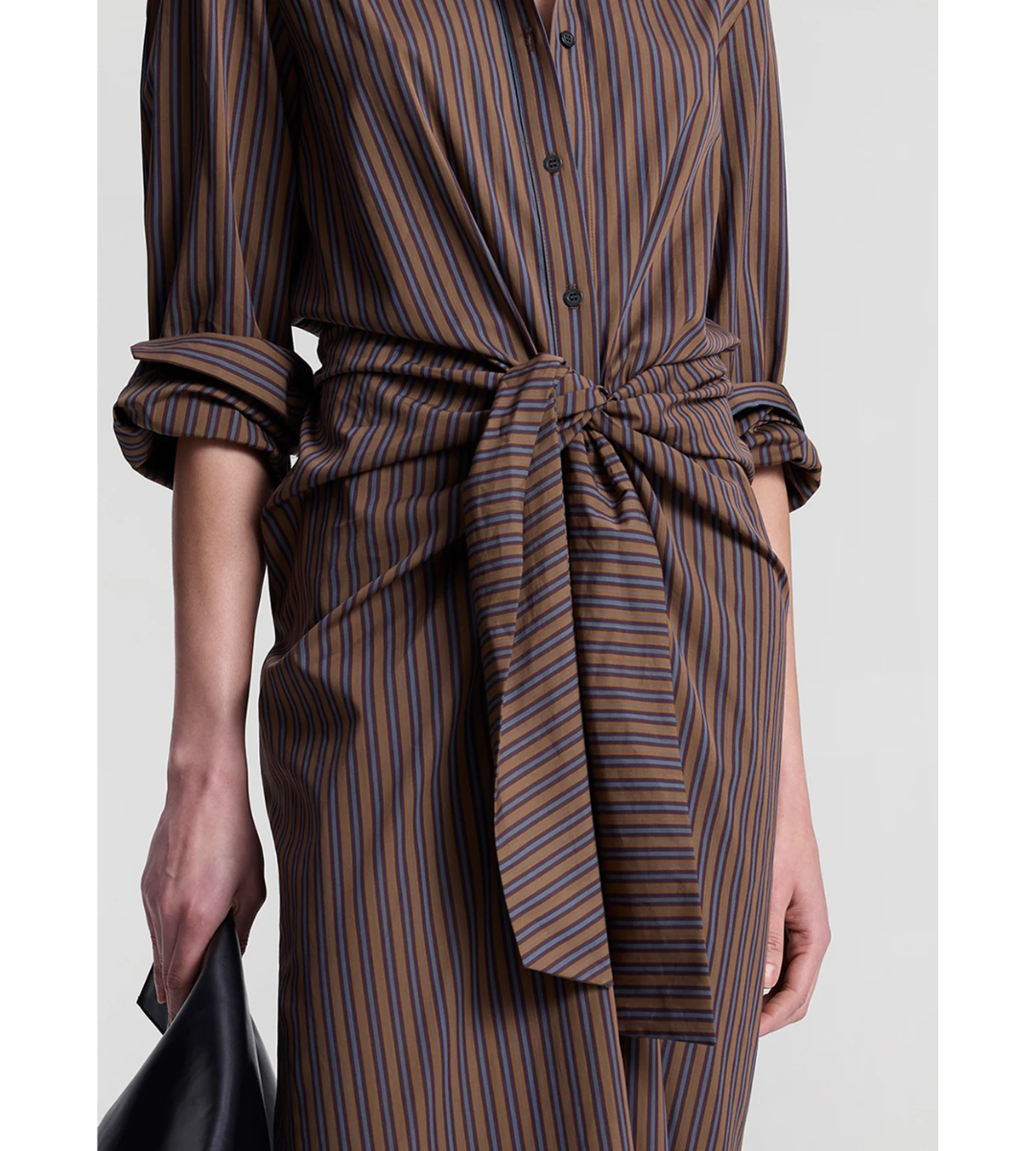 Brown striped long sleeve midi poplin dress tie waist, A.L.C. Mila Dress Brown Multi