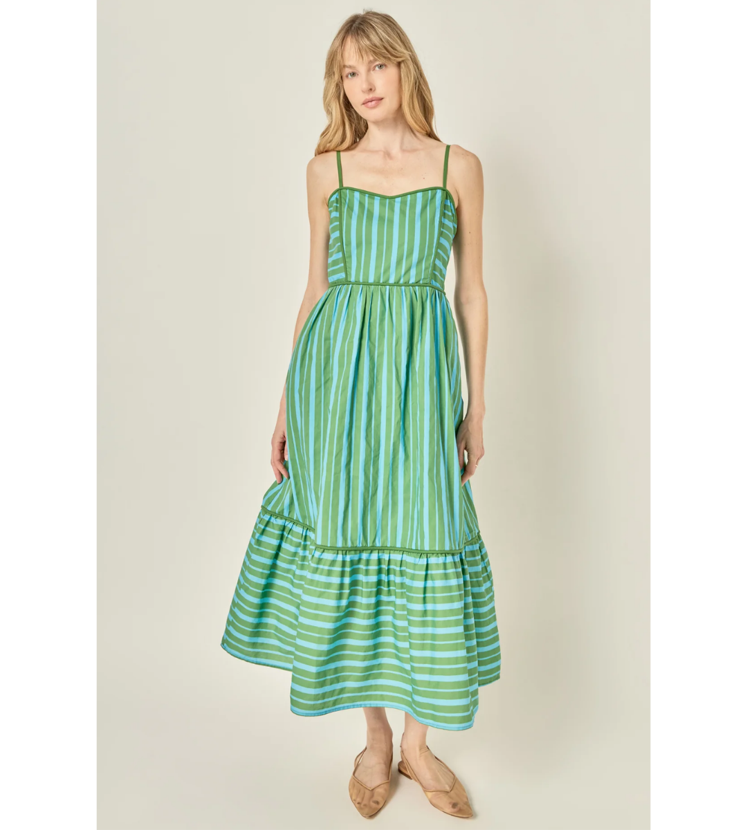 ruffle a-line midi dress in stripe poplin Stripe Affair Ruffle Midi Dress in Airy Blue Curves 2XL / Airy Blue