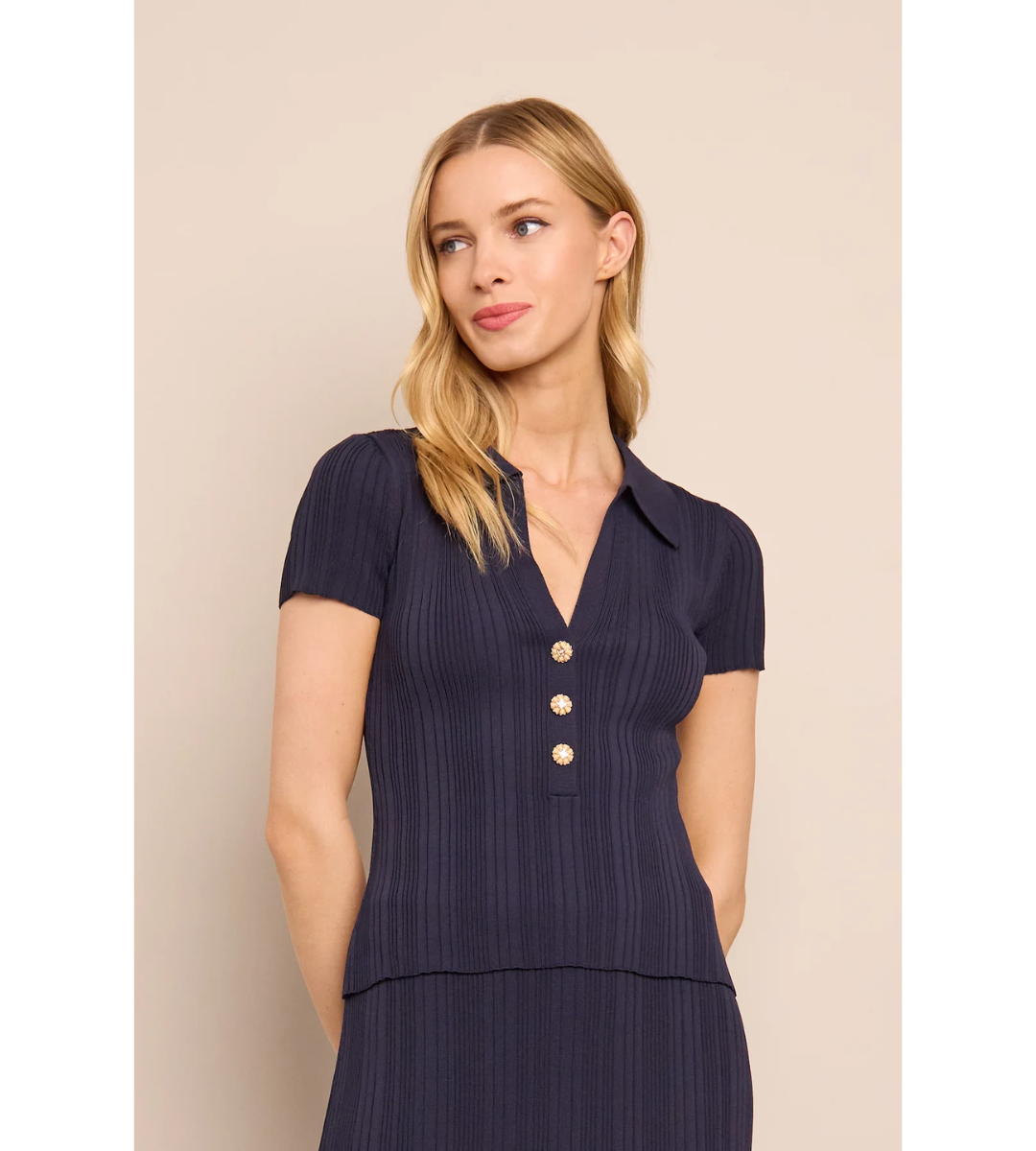 cara cara Ivanna top navy knit short sleeve button gold collared top matching set