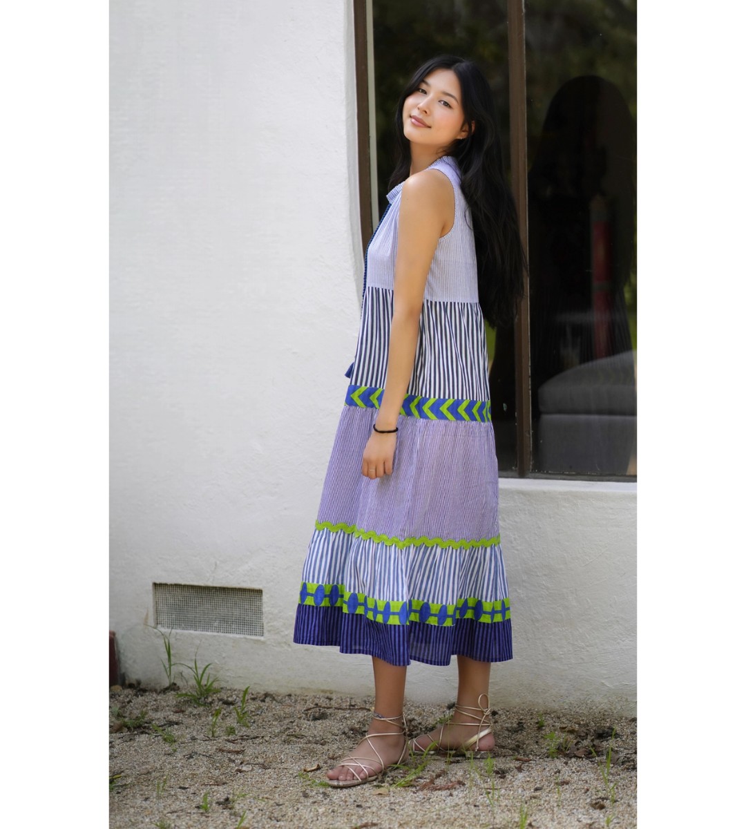 midi dress sleeveless blue green flowy