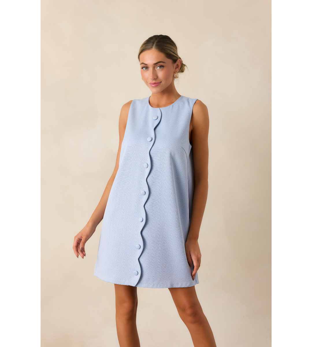 blue mini dress scallop sleeveless button