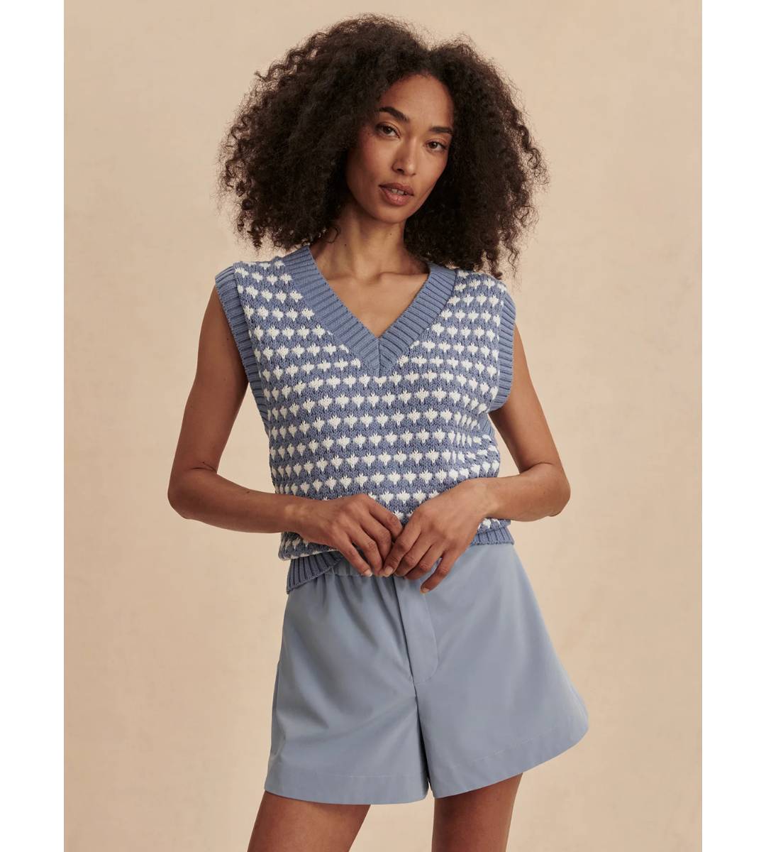 varley blue white antonella knit sweater vest v-neck