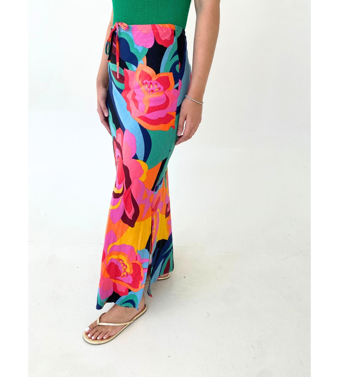 abstract print midi skirt tie waist drawstring skirt