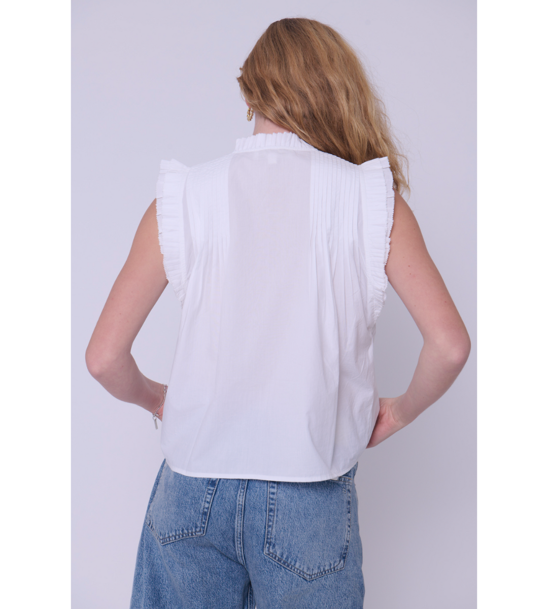 love the label dana top sleeveless white ruffle sleeve v neck button down top