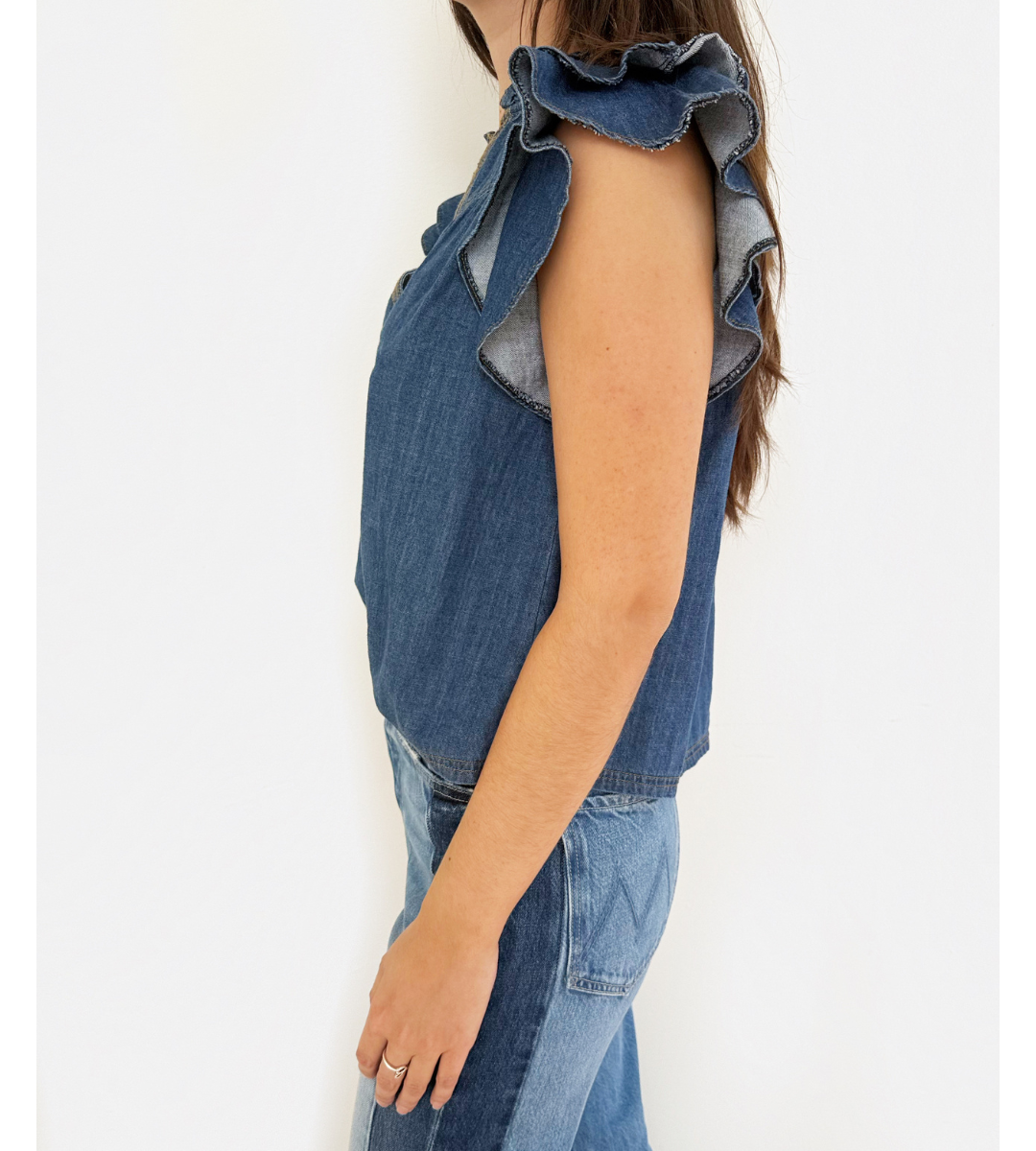 Denim top flutter sleeve v neck short sleeve top
